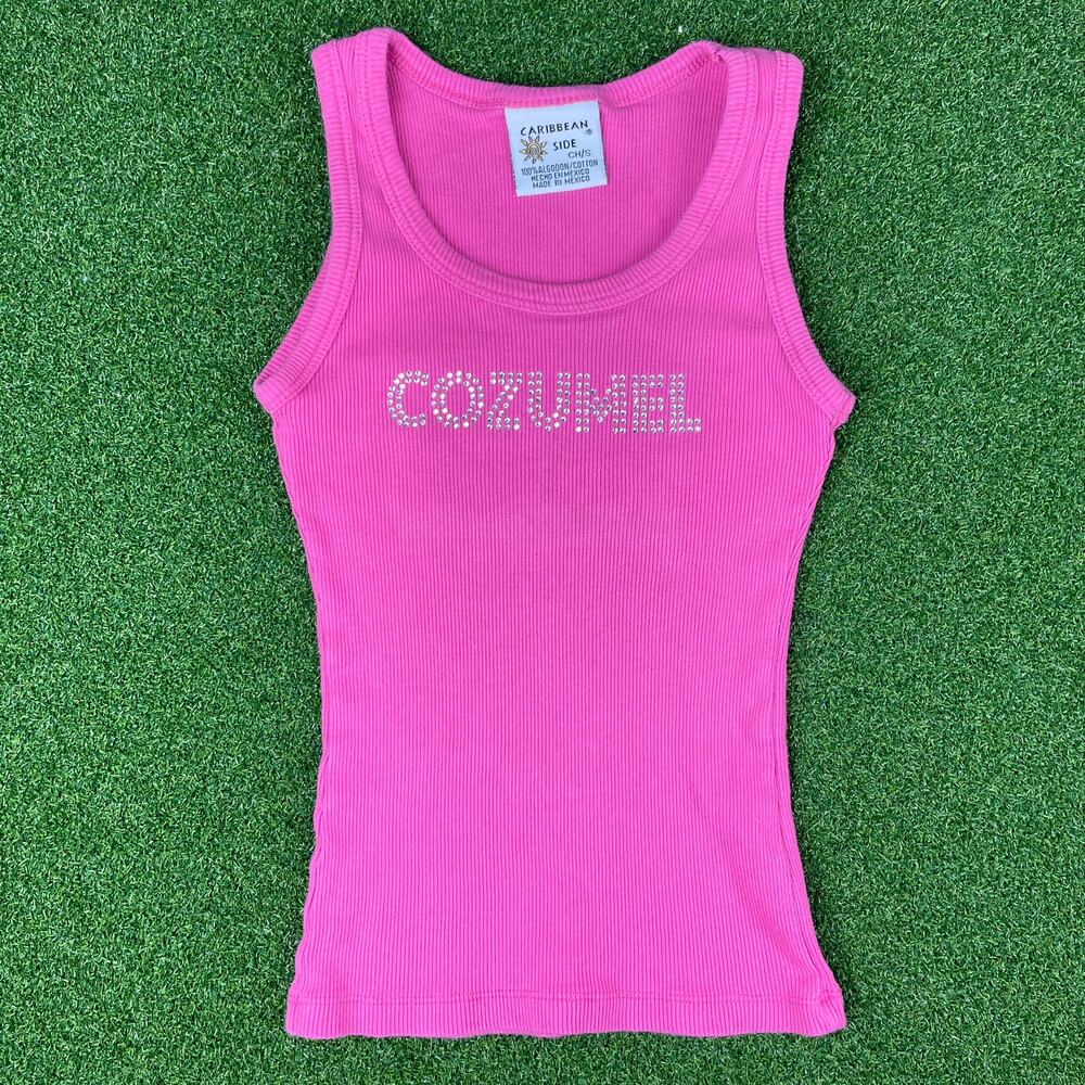 Caribbean Side Cozumel Paradise Rhinestones Ribbed Pink Tank Top Sz S